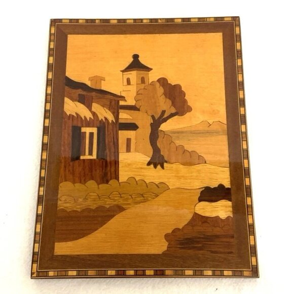 Vtg Marquetry Inlaid Wood Plaque Church Coastal Tree Hanging Wall Art - Picture 2 of 5